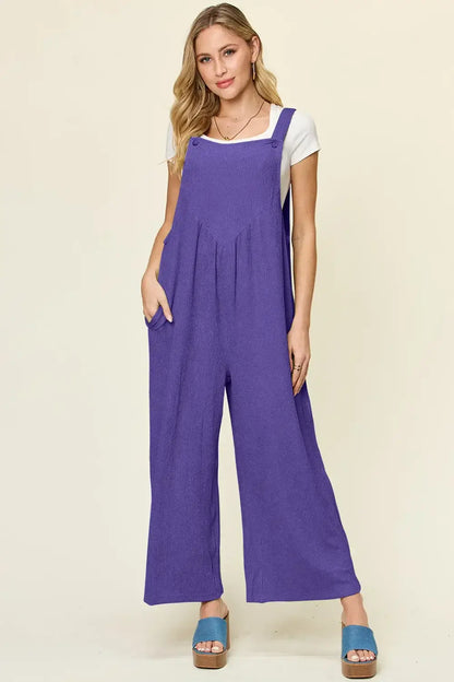 Double Take Full Size Texture Sleeveless Wide Leg Overall - Indigo / S - Sleeveless Wide Leg Overall