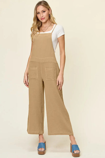 Double Take Full Size Texture Sleeveless Wide Leg Overall - Khaki / S - Wide Leg Overall