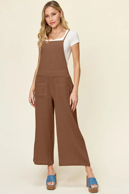 Double Take Full Size Texture Sleeveless Wide Leg Overall - Mocha / S - Wide Leg Overall