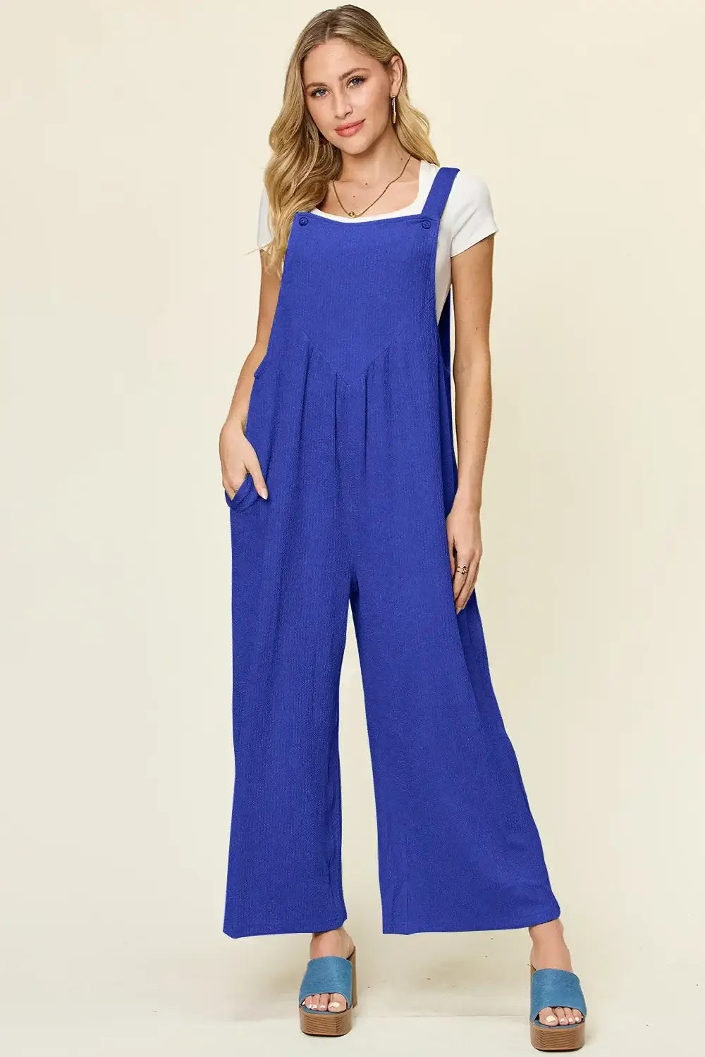 Double Take Full Size Texture Sleeveless Wide Leg Overall - Royal Blue / S - Sleeveless Wide Leg Overall