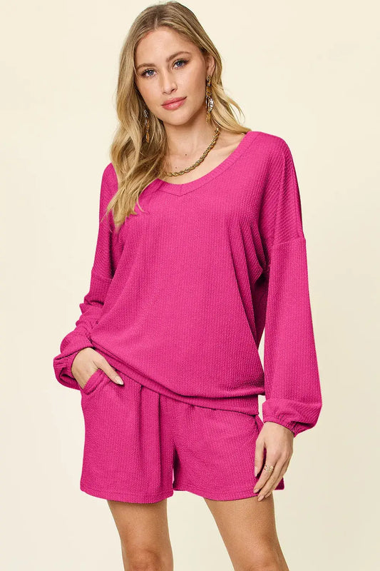 Double Take Full Size Texture V-Neck Long Sleeve T-Shirt and Shorts Set - Hot Pink / S - Long Sleeve T-Shirt and Shorts