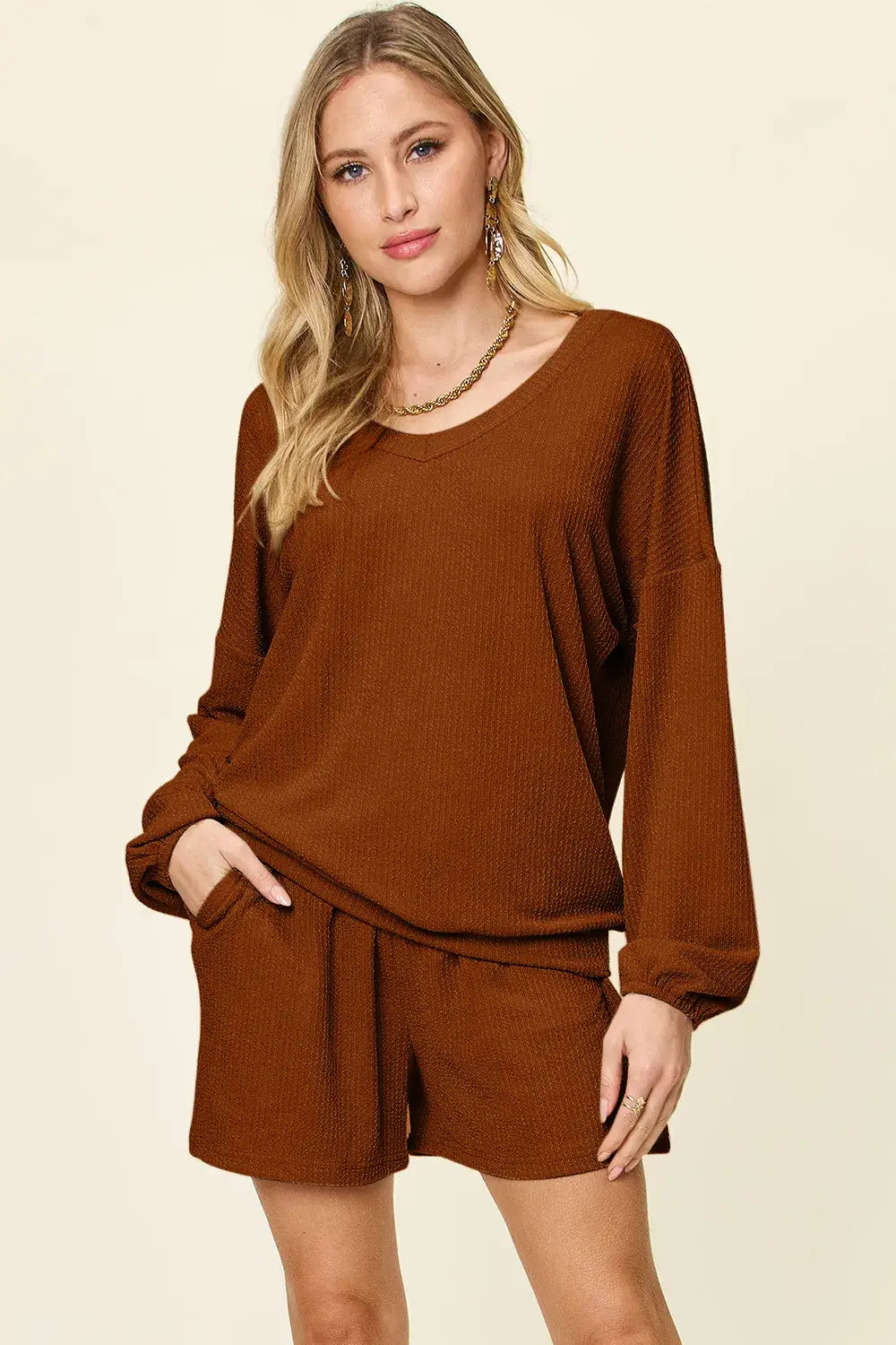 Double Take Full Size Texture V-Neck Long Sleeve T-Shirt and Shorts Set - Caramel / S - Long Sleeve T-Shirt and Shorts