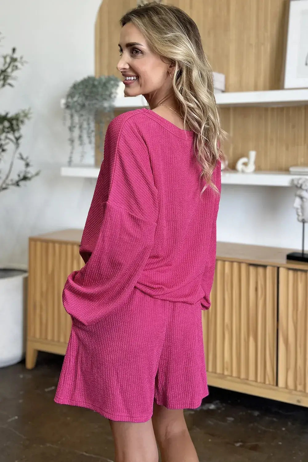 Double Take Full Size Texture V-Neck Long Sleeve T-Shirt and Shorts Set - Long Sleeve T-Shirt and Shorts Set