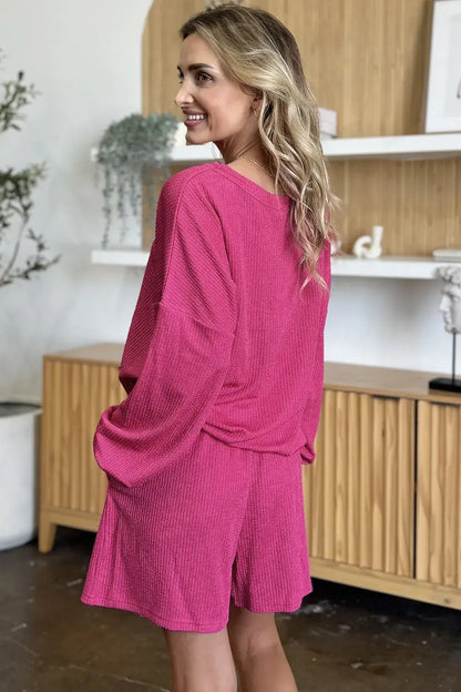 Double Take Full Size Texture V-Neck Long Sleeve T-Shirt and Shorts Set - Long Sleeve T-Shirt and Shorts Set