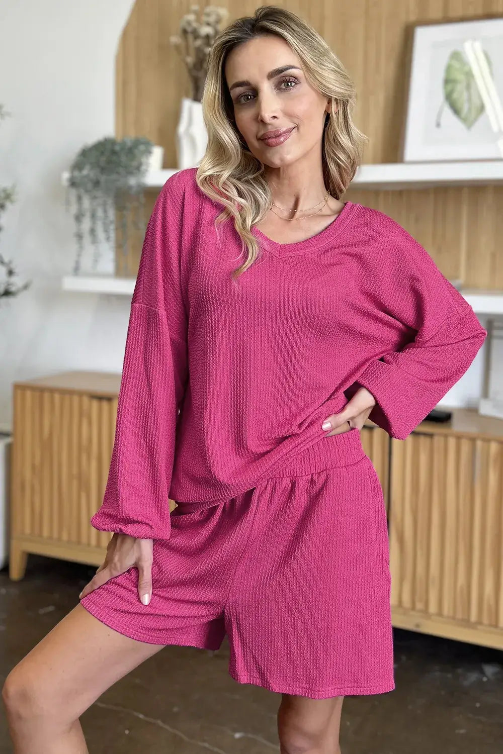 Double Take Full Size Texture V-Neck Long Sleeve T-Shirt and Shorts Set - Long Sleeve T-Shirt and Shorts Set