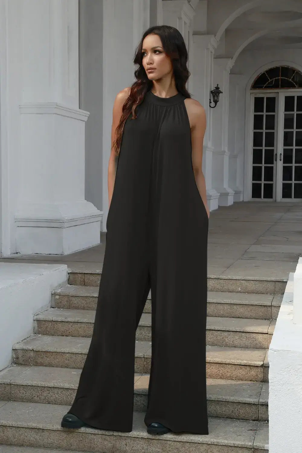 Double Take Full Size Tie Back Cutout Sleeveless Jumpsuit