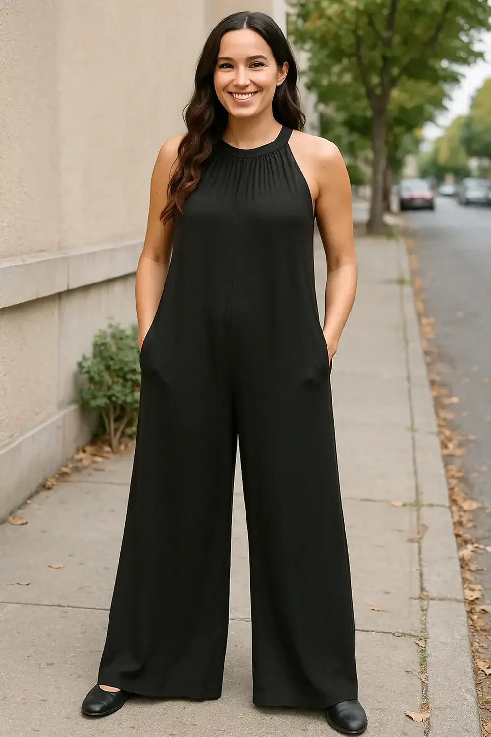 Double Take Full Size Tie Back Cutout Sleeveless Jumpsuit - Black / S