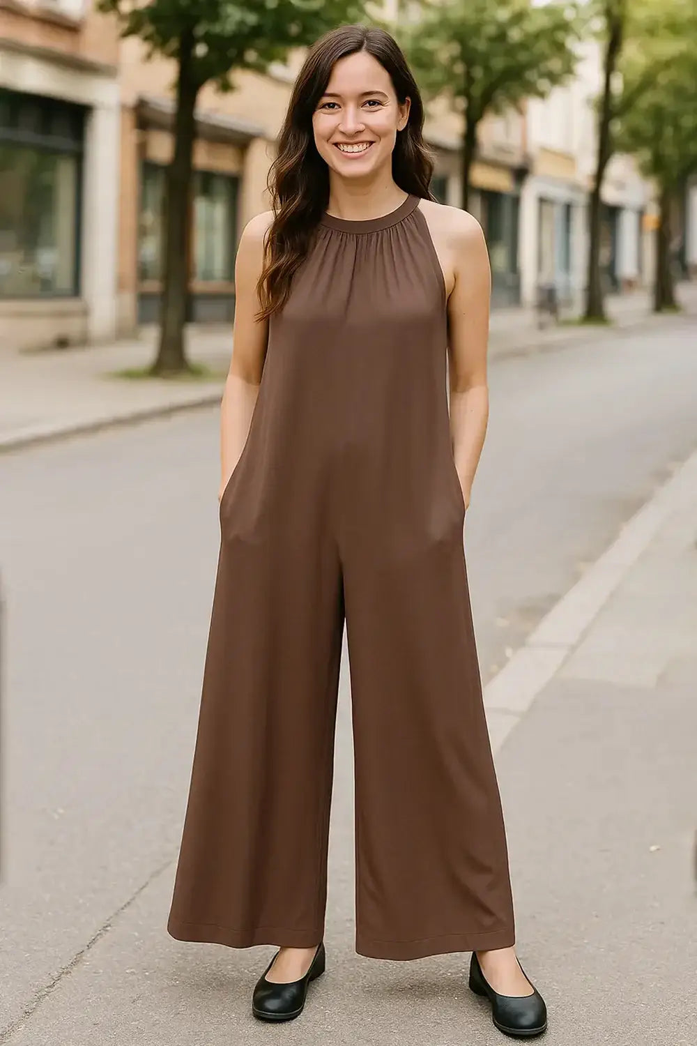 Double Take Full Size Tie Back Cutout Sleeveless Jumpsuit - Brown / S