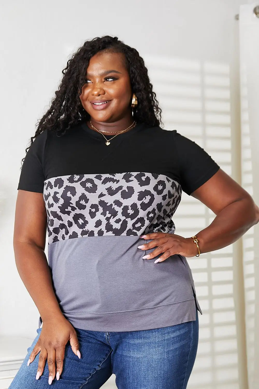 Leopard print plus size short sleeve T-shirt with black and gray panels for casual wear
