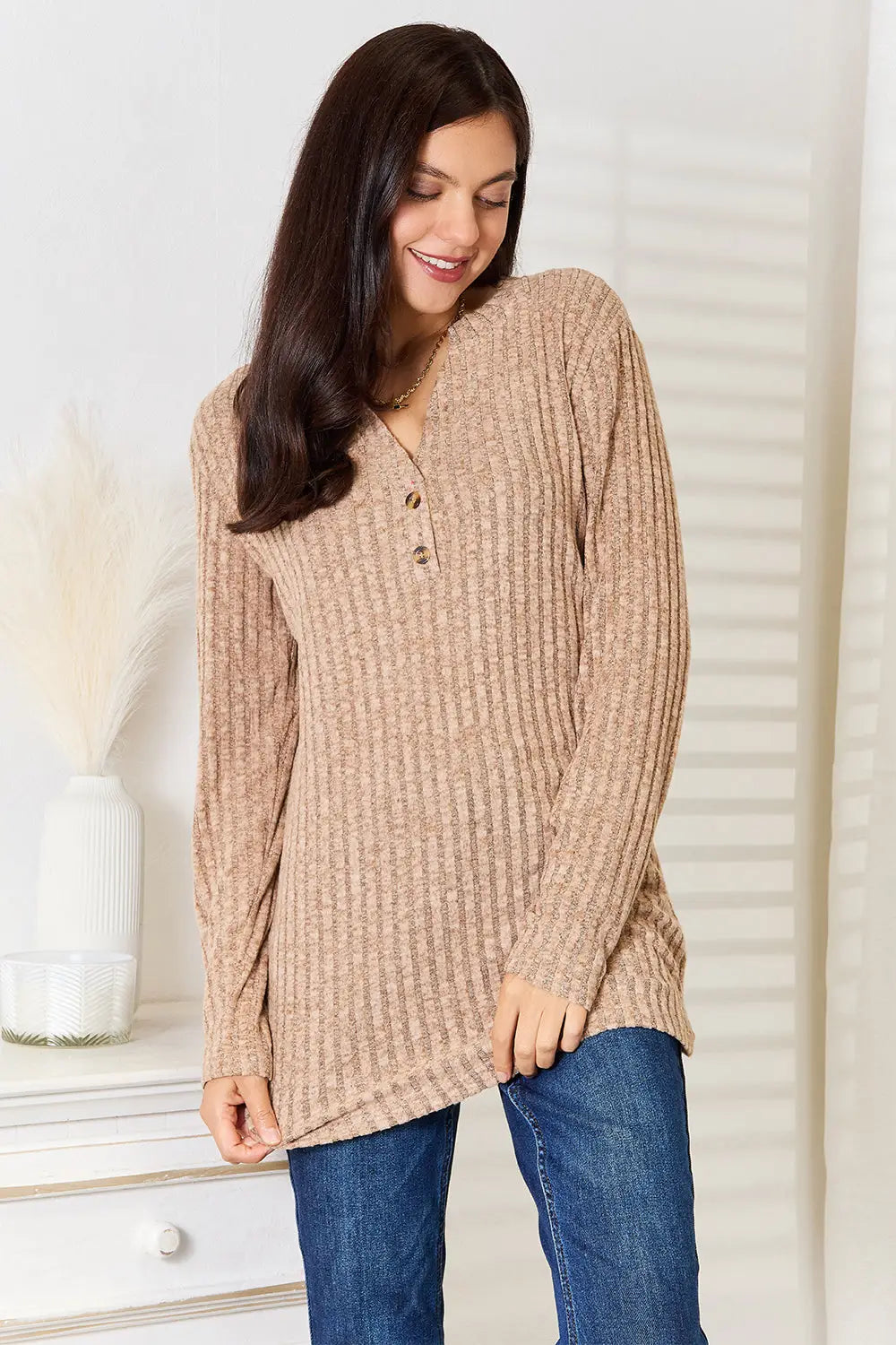 Double Take Notched Neck Ribbed Long Sleeve T-Shirt - Khaki / S