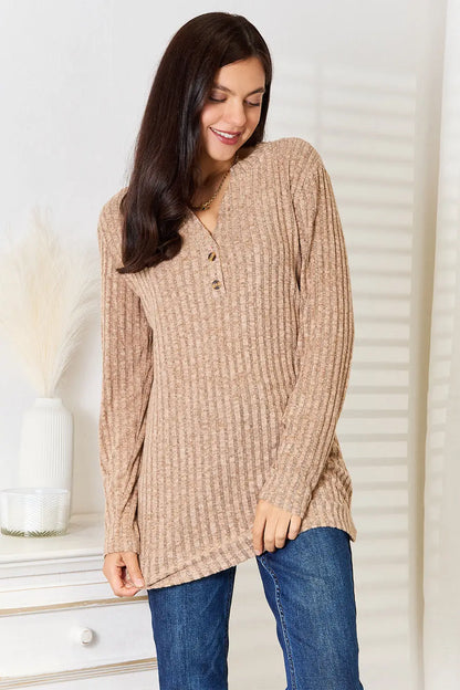 Double Take Notched Neck Ribbed Long Sleeve T-Shirt - Khaki / S