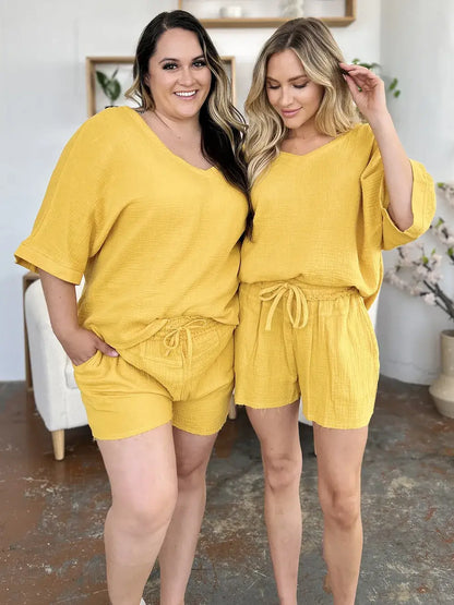 Double Take Texture Half Sleeve T-Shirt and Drawstring Shorts Set