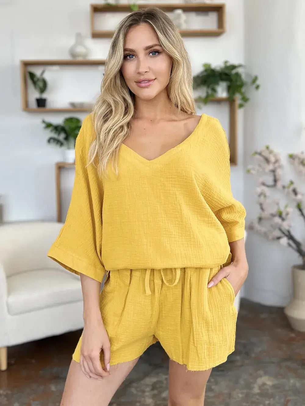 Double Take Texture Half Sleeve T-Shirt and Drawstring Shorts Set