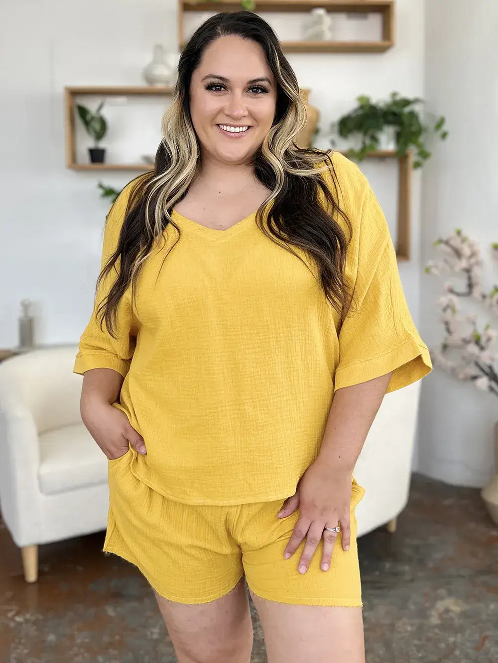 Double Take Texture Half Sleeve T-Shirt and Drawstring Shorts Set