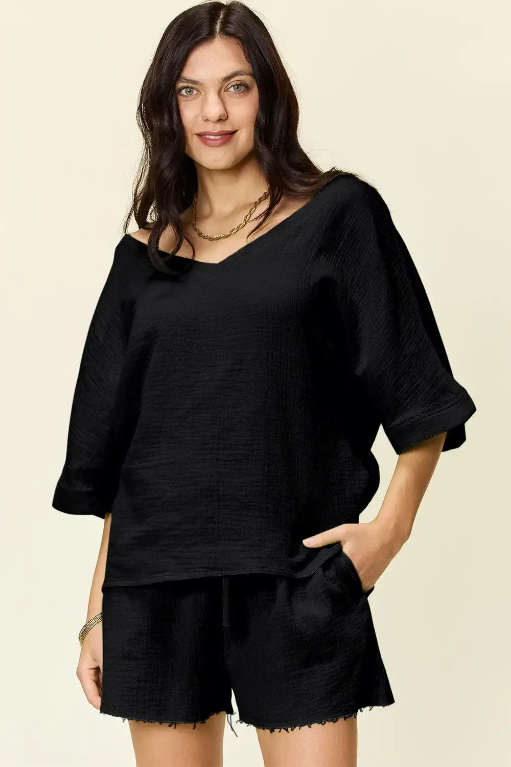 Double Take Texture Half Sleeve T-Shirt and Drawstring Shorts Set - Black / S