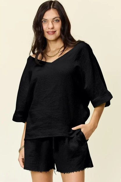 Double Take Texture Half Sleeve T-Shirt and Drawstring Shorts Set - Black / S
