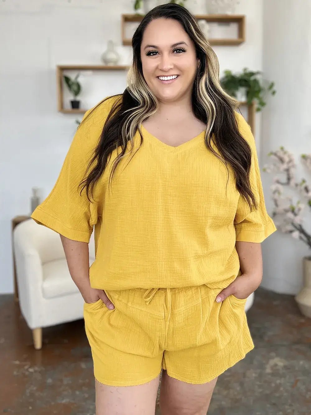 Double Take Texture Half Sleeve T-Shirt and Drawstring Shorts Set