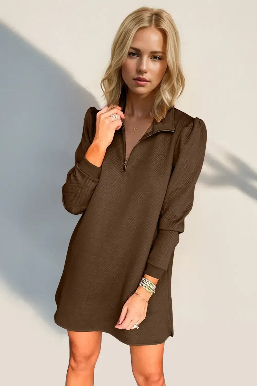 Double Take Textured Quarter Zip Long Sleeve Dress - Long Sleeve Dress