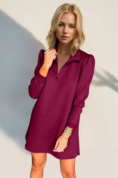 Double Take Textured Quarter Zip Long Sleeve Dress - Long Sleeve Dress