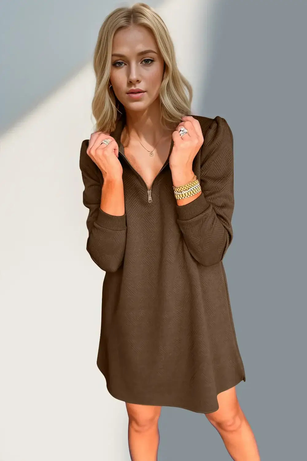 Double Take Textured Quarter Zip Long Sleeve Dress - Long Sleeve Dress