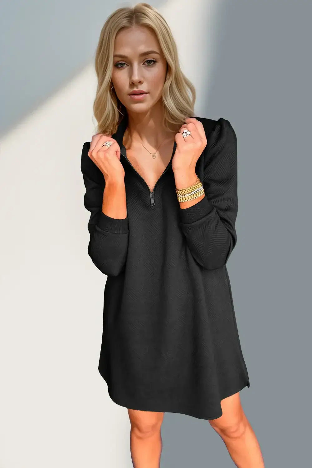 Double Take Textured Quarter Zip Long Sleeve Dress - Long Sleeve Dress