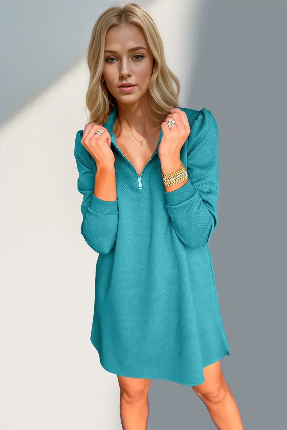 Double Take Textured Quarter Zip Long Sleeve Dress - Long Sleeve Dress