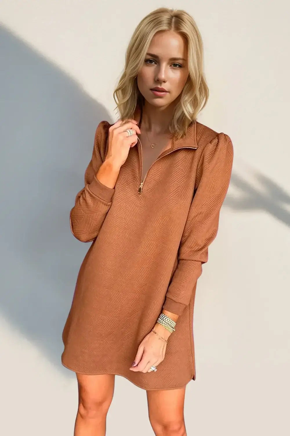 Double Take Textured Quarter Zip Long Sleeve Dress - Long Sleeve Dress