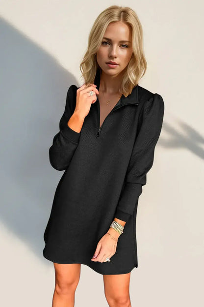 Double Take Textured Quarter Zip Long Sleeve Dress - Long Sleeve Dress