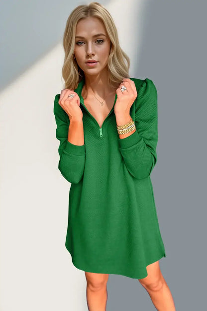 Double Take Textured Quarter Zip Long Sleeve Dress - Long Sleeve Dress
