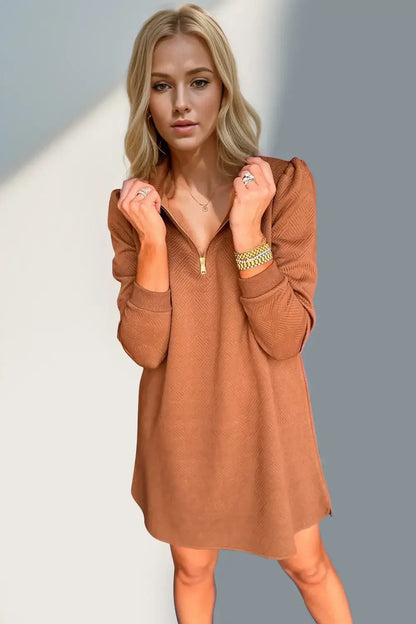 Double Take Textured Quarter Zip Long Sleeve Dress - Long Sleeve Dress