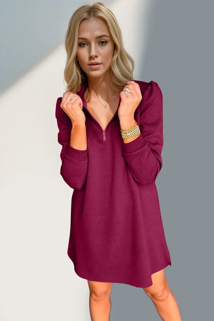 Double Take Textured Quarter Zip Long Sleeve Dress - Long Sleeve Dress