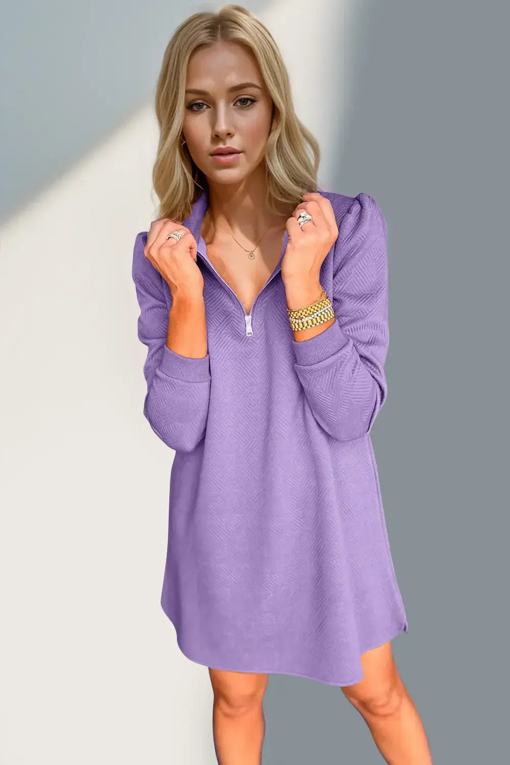 Double Take Textured Quarter Zip Long Sleeve Dress - Long Sleeve Dress