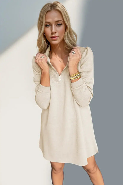 Double Take Textured Quarter Zip Long Sleeve Dress - Long Sleeve Dress
