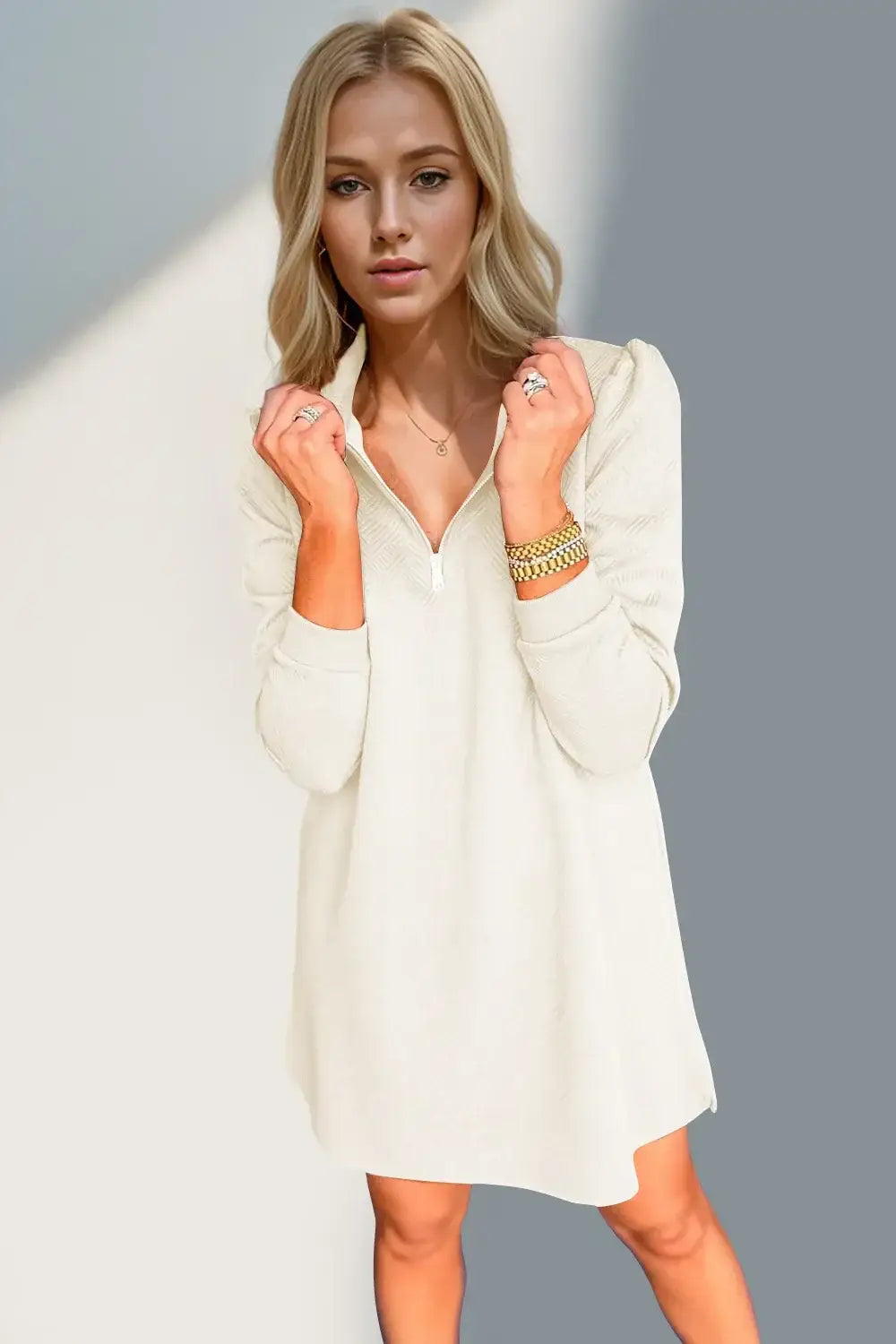 Double Take Textured Quarter Zip Long Sleeve Dress - Long Sleeve Dress