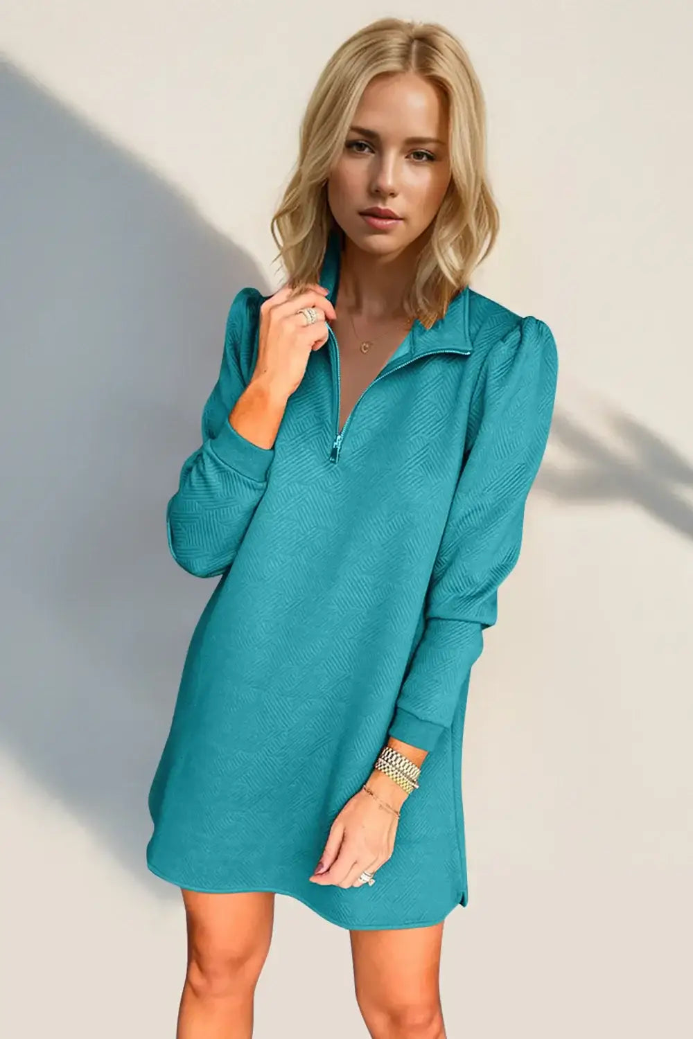 Double Take Textured Quarter Zip Long Sleeve Dress - Long Sleeve Dress