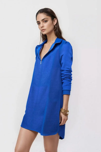 Double Take Textured Quarter Zip Long Sleeve Dress - Blue / S - Long Sleeve Dress