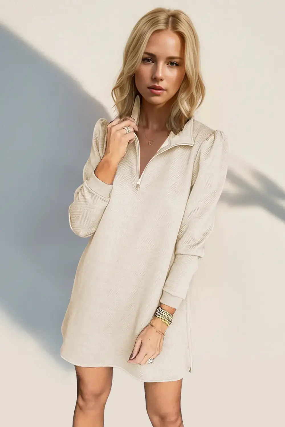 Double Take Textured Quarter Zip Long Sleeve Dress - Dust Storm / S - Long Sleeve Dress