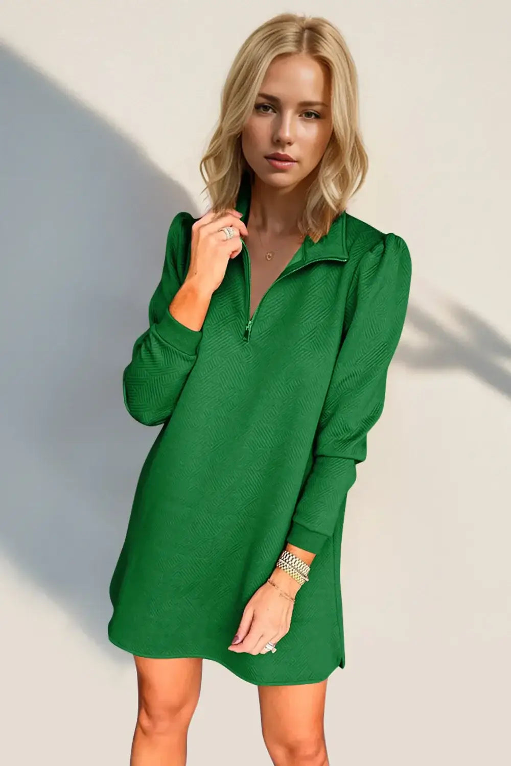 Double Take Textured Quarter Zip Long Sleeve Dress - Green / S - Long Sleeve Dress