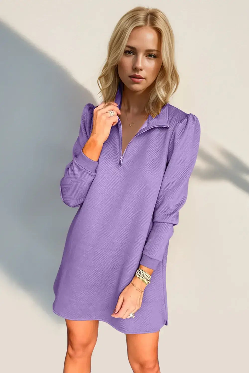 Double Take Textured Quarter Zip Long Sleeve Dress - Lavender / S - Long Sleeve Dress