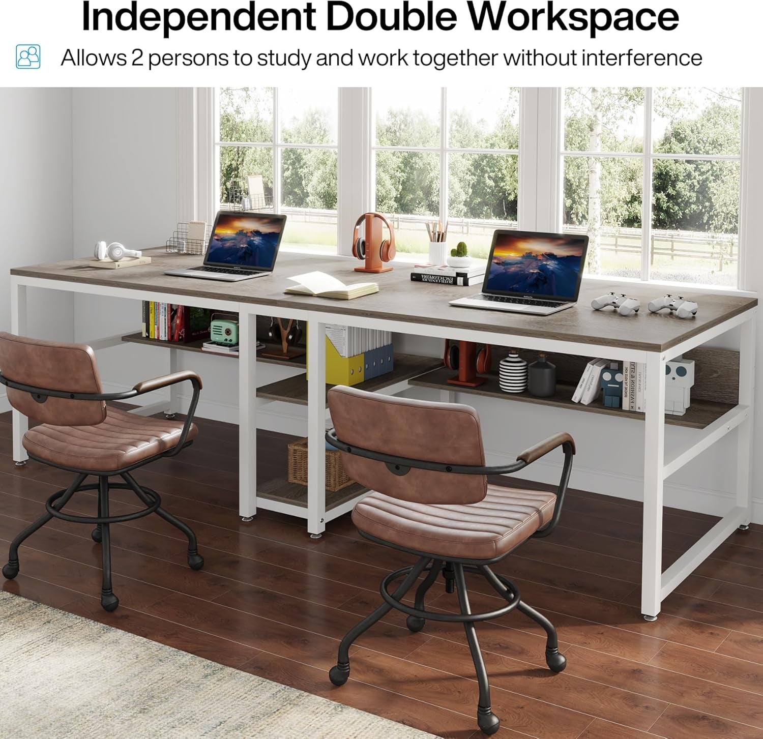 Double Workstation Desk For Two Person With Shelf-3