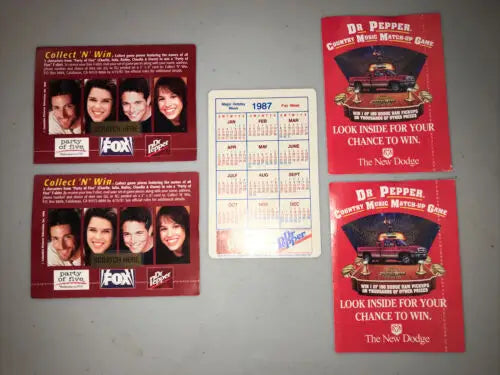 Dr. Pepper promotional items featuring five game pieces and Dodge Country Music calendar