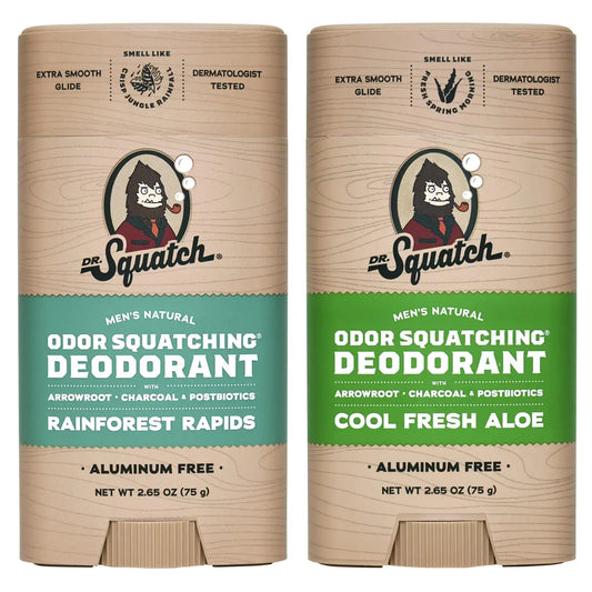 Image of two Dr. Squatch natural deodorants with cool fresh aloe for powerful natural protection
