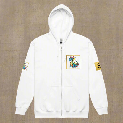 White zippered hooded sweatshirt with colorful dragon graphic unisex heavy blend hoodie
