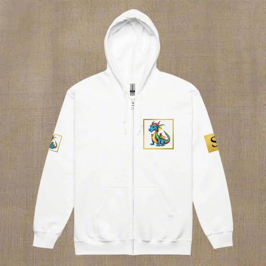 White zippered hooded sweatshirt with colorful dragon graphic unisex heavy blend hoodie