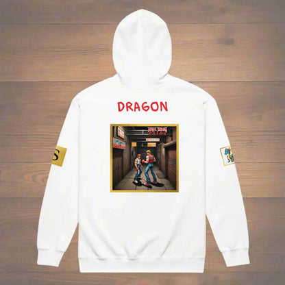 White hoodie with graphic print of two men in an alley and DRAGON text, unisex heavy blend