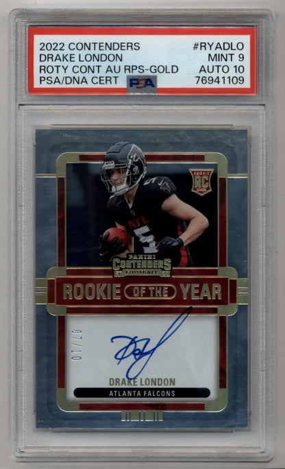 Drake London 2022 Contenders Rookie of the Year Gold Auto 07/10 PSA 9 Mint Auto 10 - Singles