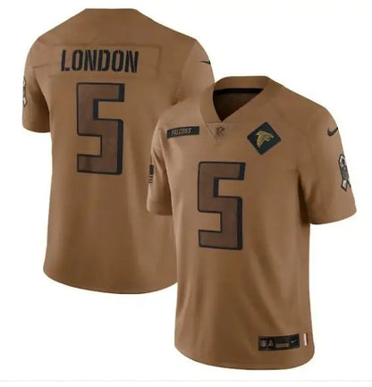Brown Atlanta Falcons Drake London #5 Salute To Service jersey displayed