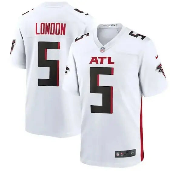 White Atlanta Falcons Drake London Nike Away Game Jersey with London and 5 on back and ATL on front