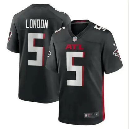Black Atlanta Falcons Drake London Nike Player Game Jersey displayed on a product page