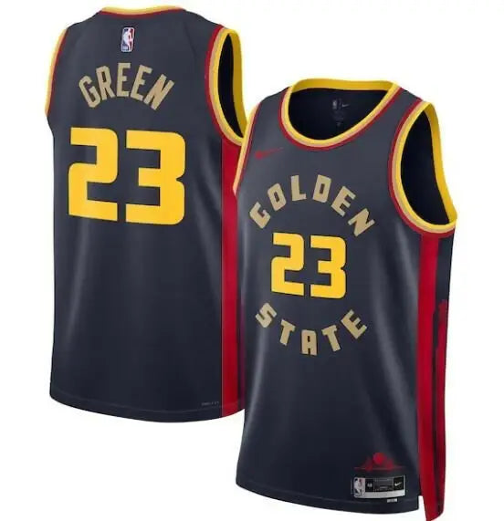 Dark blue Golden State Warriors Nike swingman jersey with green and gold accents and player number 23